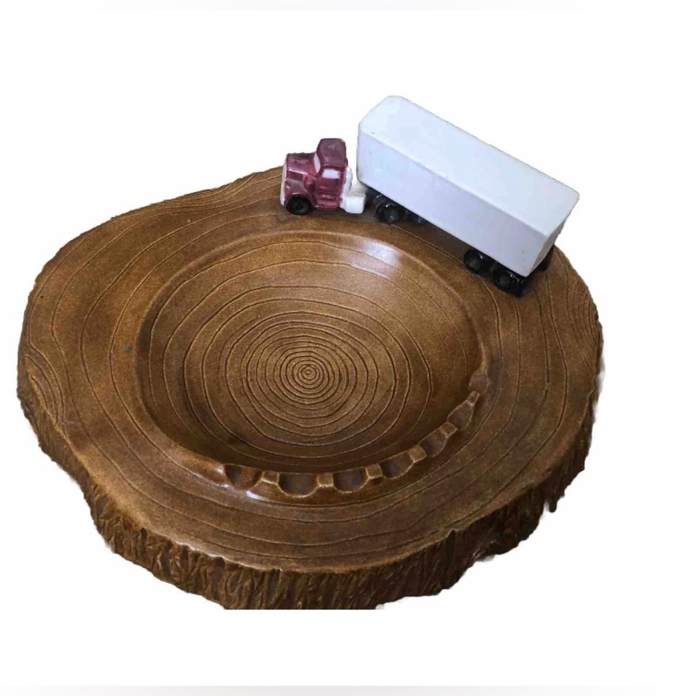 ARNELS Ash Tray Vintage Ceramic Semi Truck Wood Log Smoking Plate Man Cave 11” D